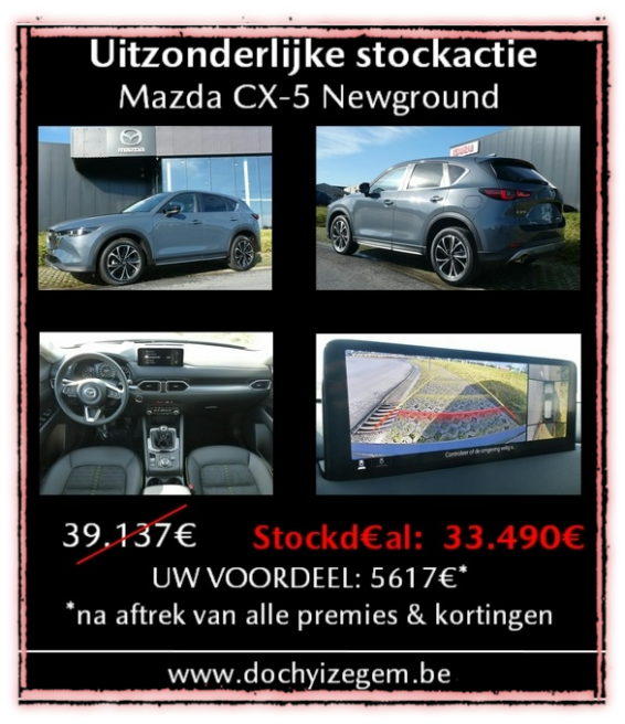 Uitzonderlijke stockkorting op de M-Hybride Mazda CX5 bij Garage Dochy Izegem kopen